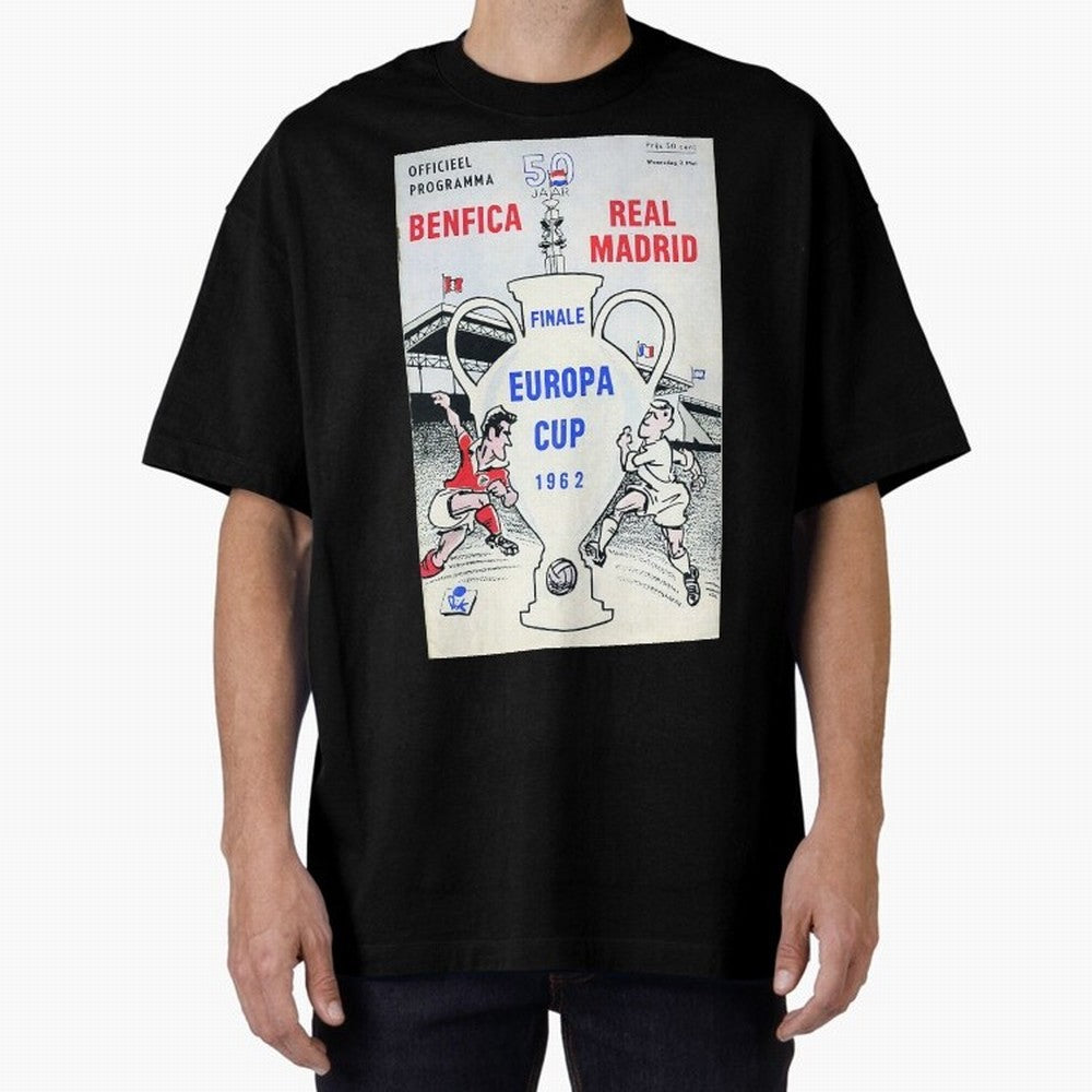 Vintage Champions League Final Poster - Real Madrid vs Benfica Oversized T-Shirt Get Ready for Global Football Passion for FIFA World Cup 2026 USA Canada Mexico, Celebrating Neymar, Spain, Football Passion, Legendary Performances, Festival Vibes