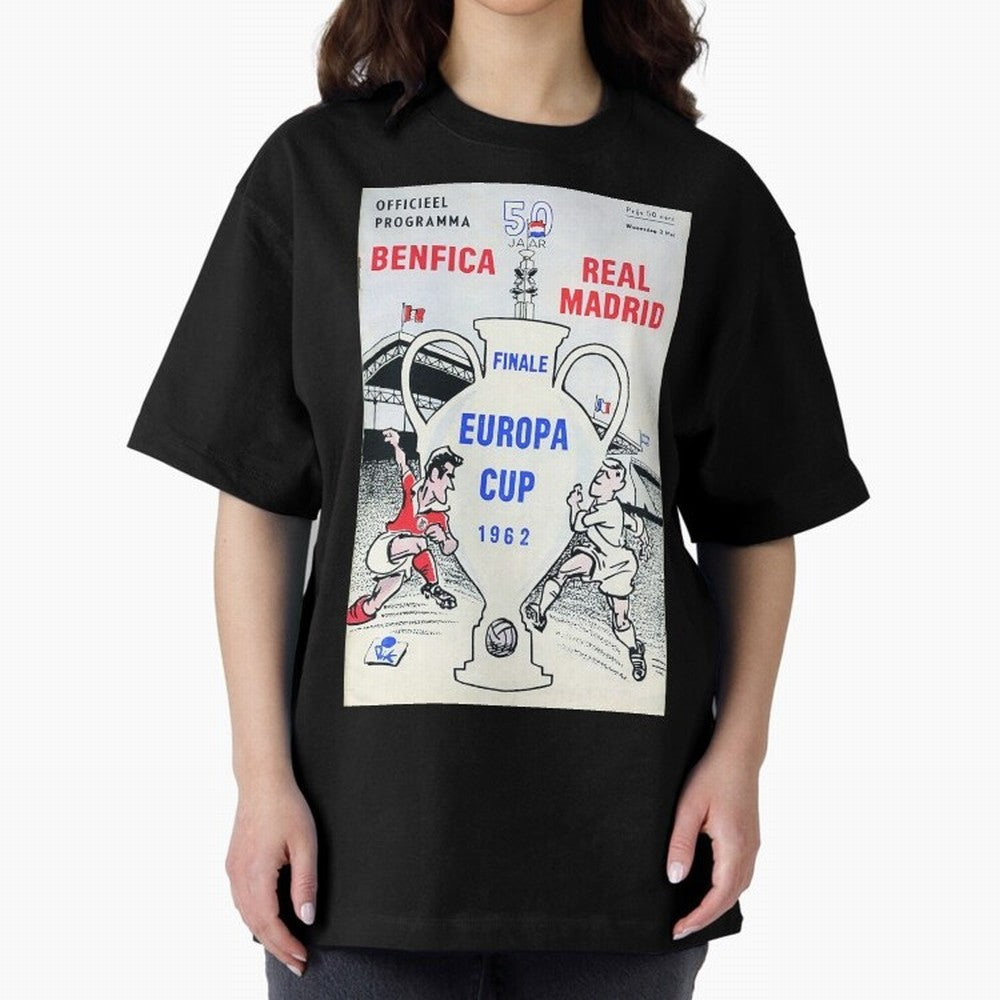 Vintage Champions League Final Poster - Real Madrid vs Benfica Oversized T-Shirt Get Ready for Global Football Passion for FIFA World Cup 2026 USA Canada Mexico, Celebrating Neymar, Spain, Football Passion, Legendary Performances, Festival Vibes