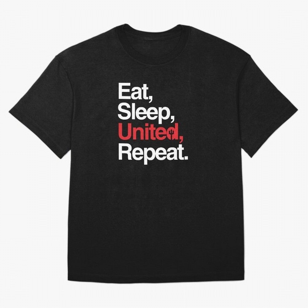 Eat, Sleep, United, Repeat - Funny Manchester United Quote Oversized T-Shirt Celebrate the Road through FIFA World Cup 2026 USA Canada Mexico Capturing Cristiano Ronaldo, Haaland and CR7, Argentina and Brazil Energy, Football Festival Excitement,