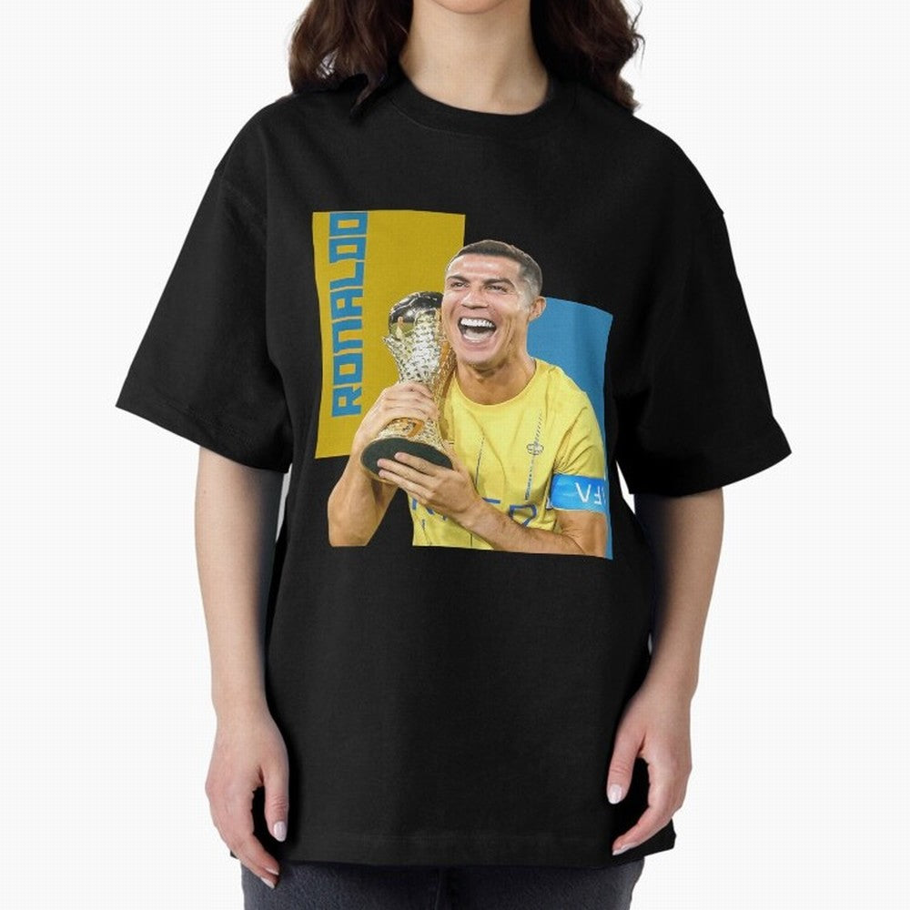Ronaldo Oversized T-Shirt Honor Football Greatness during Global Football Passion for FIFA World Cup 2026 USA Canada Mexico, Celebrating Messi, CR7 and Mbappe, Portugal, Spain and Germany, Sports Nostalgia, International Competition, Famous Players