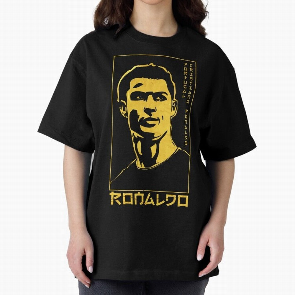 Ronaldo Golden Style Portrait art illustration Oversized T-Shirt Celebrate Global Football Passion for FIFA World Cup 2026 USA Canada Mexico, Filled with Messi and Cristiano Ronaldo, England, Championship Spirit, Famous Goals, Roaring Crowds and