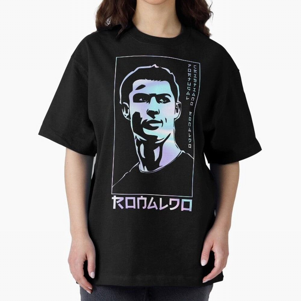 Ronaldo holographic Style Portrait art illustration Oversized T-Shirt Honor the Football Icons of FIFA World Cup 2026 USA Canada Mexico Spirit, Connected to Portugal, Spain and Germany, Mbappe and Neymar, Football Festival Excitement, Trophy