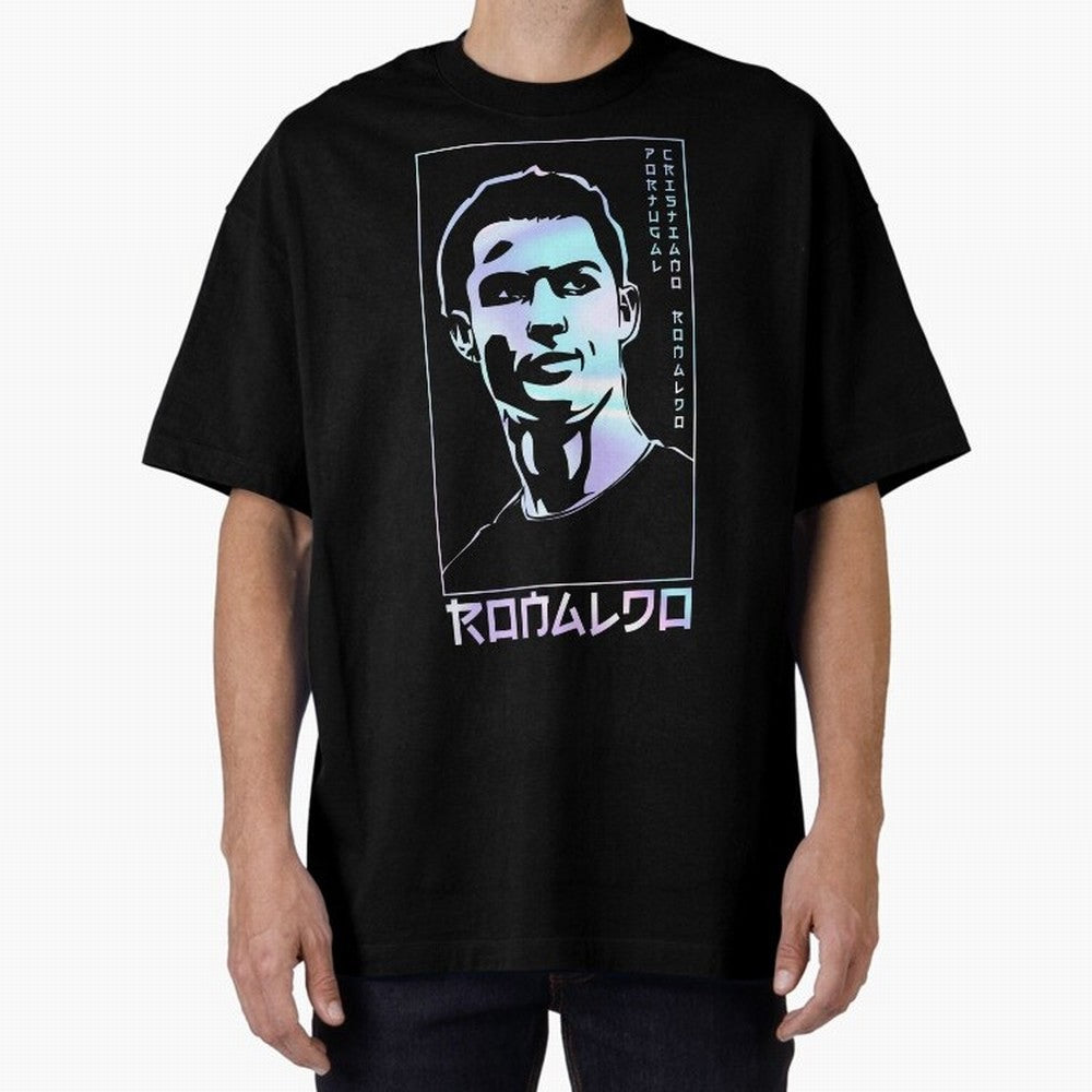 Ronaldo holographic Style Portrait art illustration Oversized T-Shirt Honor the Football Icons of FIFA World Cup 2026 USA Canada Mexico Spirit, Connected to Portugal, Spain and Germany, Mbappe and Neymar, Football Festival Excitement, Trophy