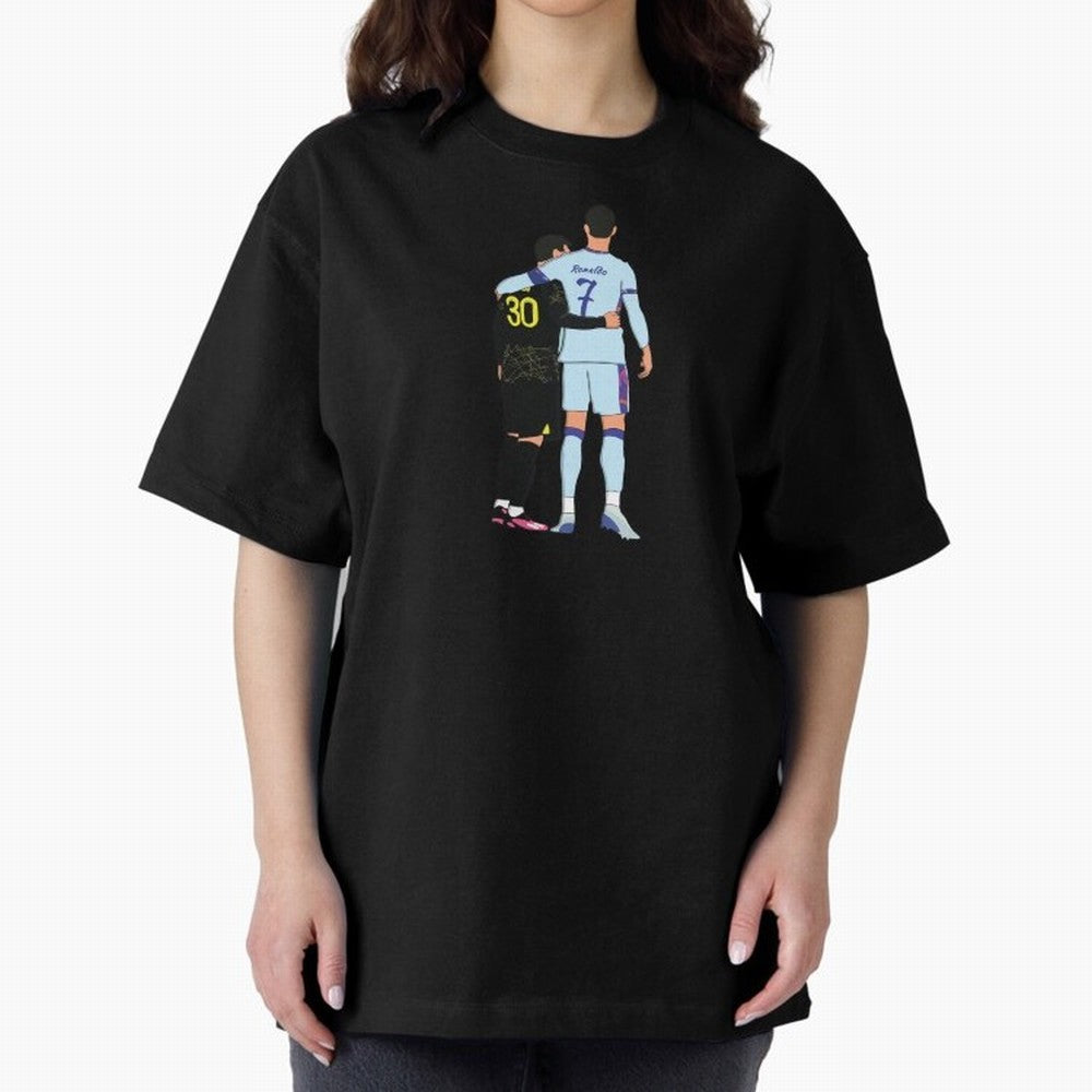 Messi and Ronaldo Reunion Illustration Oversized T-Shirt Join Global Football Passion for FIFA World Cup 2026 USA Canada Mexico, Filled with Mbappe and Neymar, Spain, Goal Celebration Energy, Supporter Heritage, Football Icons and Worldwide
