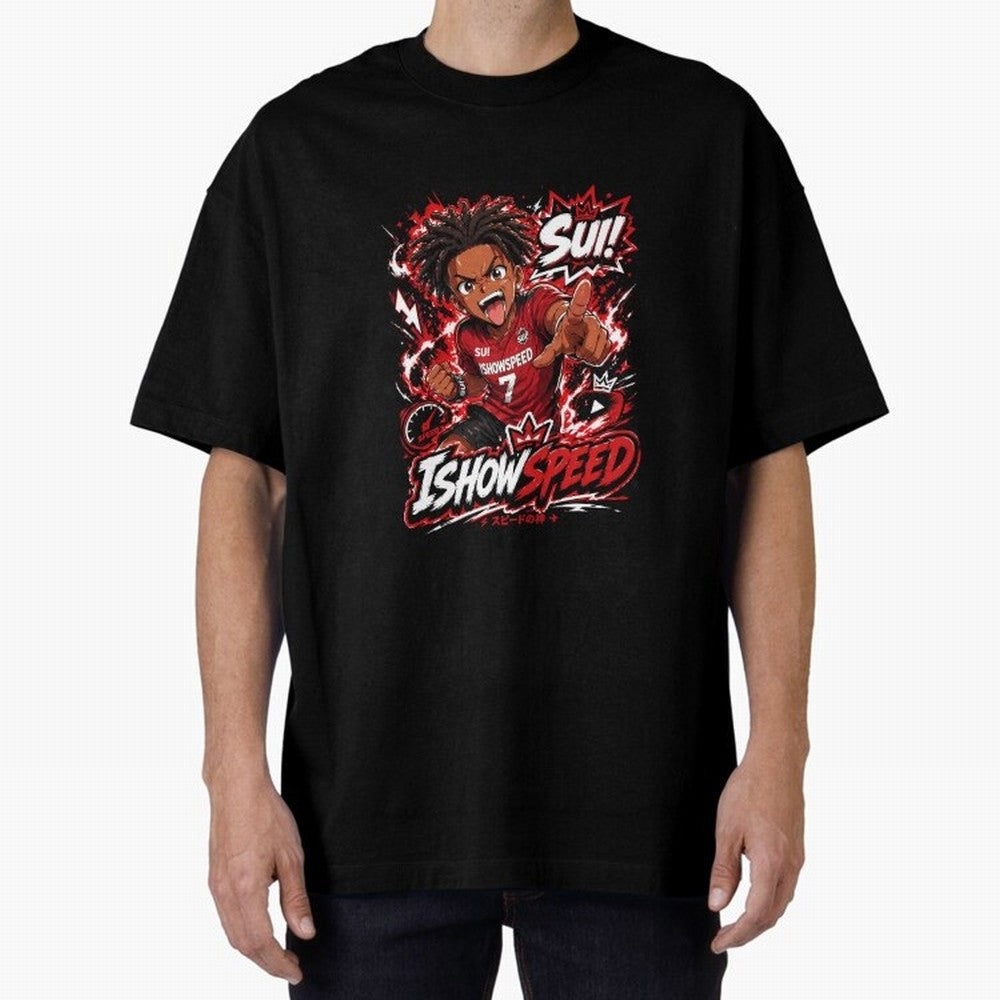 I Show Speed SUI Anime poster | Hype art Red Black Streewear Oversized T-Shirt Showcase the FIFA World Cup 2026 USA Canada Mexico Journey through CR7 and Messi Highlights, Germany Pride, Football Passion, Legendary Performances, Festival Vibes and