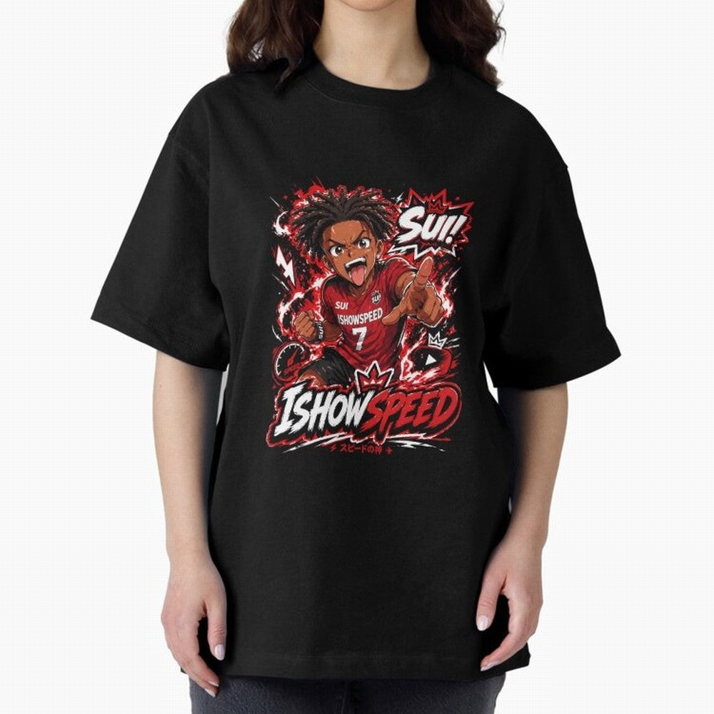 I Show Speed SUI Anime poster | Hype art Red Black Streewear Oversized T-Shirt Showcase the FIFA World Cup 2026 USA Canada Mexico Journey through CR7 and Messi Highlights, Germany Pride, Football Passion, Legendary Performances, Festival Vibes and