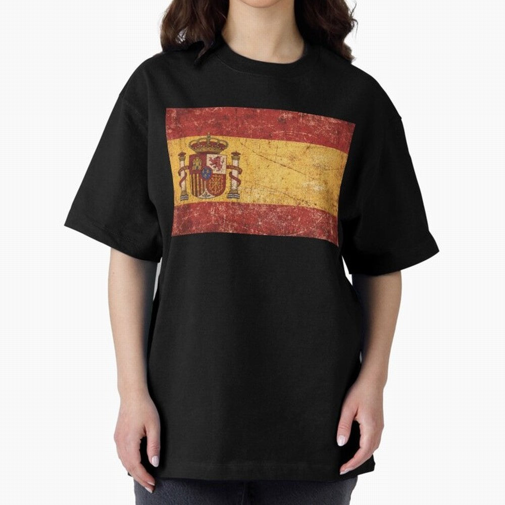 Vintage Distressed Spanish Flag Oversized T-Shirt Turn Up for Global Football Passion for FIFA World Cup 2026, Celebrating CR7, Portugal, Spain and Germany, Global Supporter Spirit, Legendary Goals, National Colors and Tournament Celebration; Great