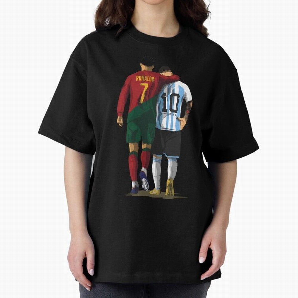 Messi Ronaldo Chit Chat Illustration Oversized T-Shirt Relive Legendary Nights from FIFA World Cup 2026 Group Stage Spirit, Centered on Brazil, Portugal and Argentina, Messi and Cristiano Ronaldo, Championship Spirit, Famous Goals, Roaring Crowds