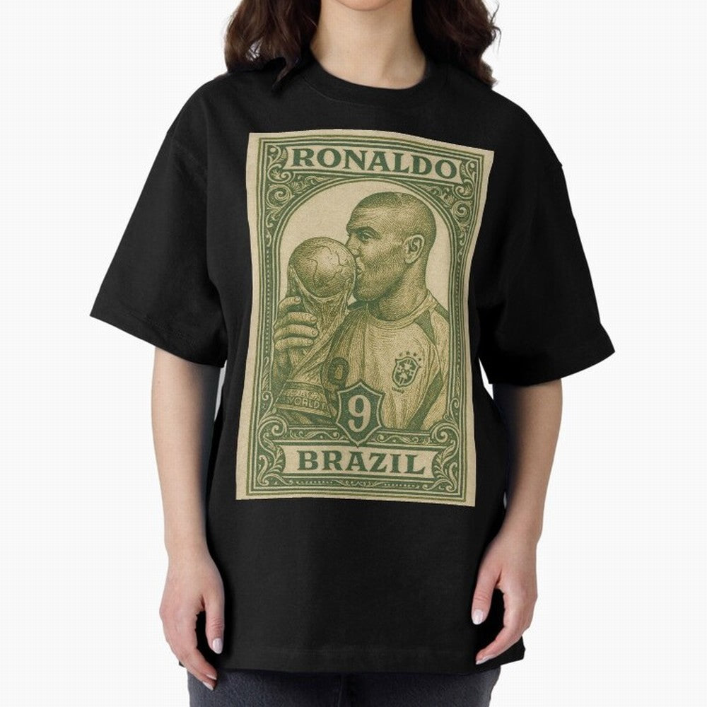 Vintage Brazilian Ronaldo Fenomeno R9 Football Legend Stamp Illustration ¨C Retro Soccer World Cup Art Print Oversized T-Shirt Celebrate National Team Dreams in Global Football Passion for FIFA World Cup 2026 Group Stage, Capturing CR7, Brazil,