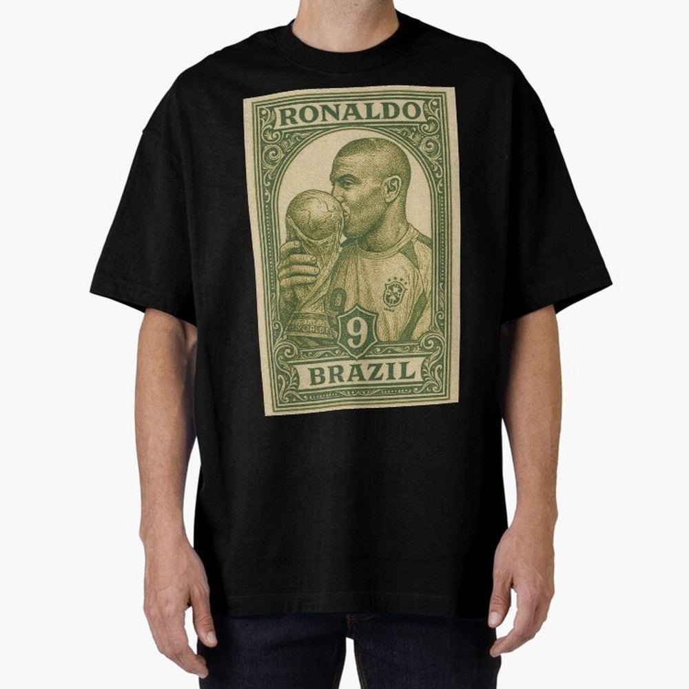 Vintage Brazilian Ronaldo Fenomeno R9 Football Legend Stamp Illustration ¨C Retro Soccer World Cup Art Print Oversized T-Shirt Celebrate National Team Dreams in Global Football Passion for FIFA World Cup 2026 Group Stage, Capturing CR7, Brazil,
