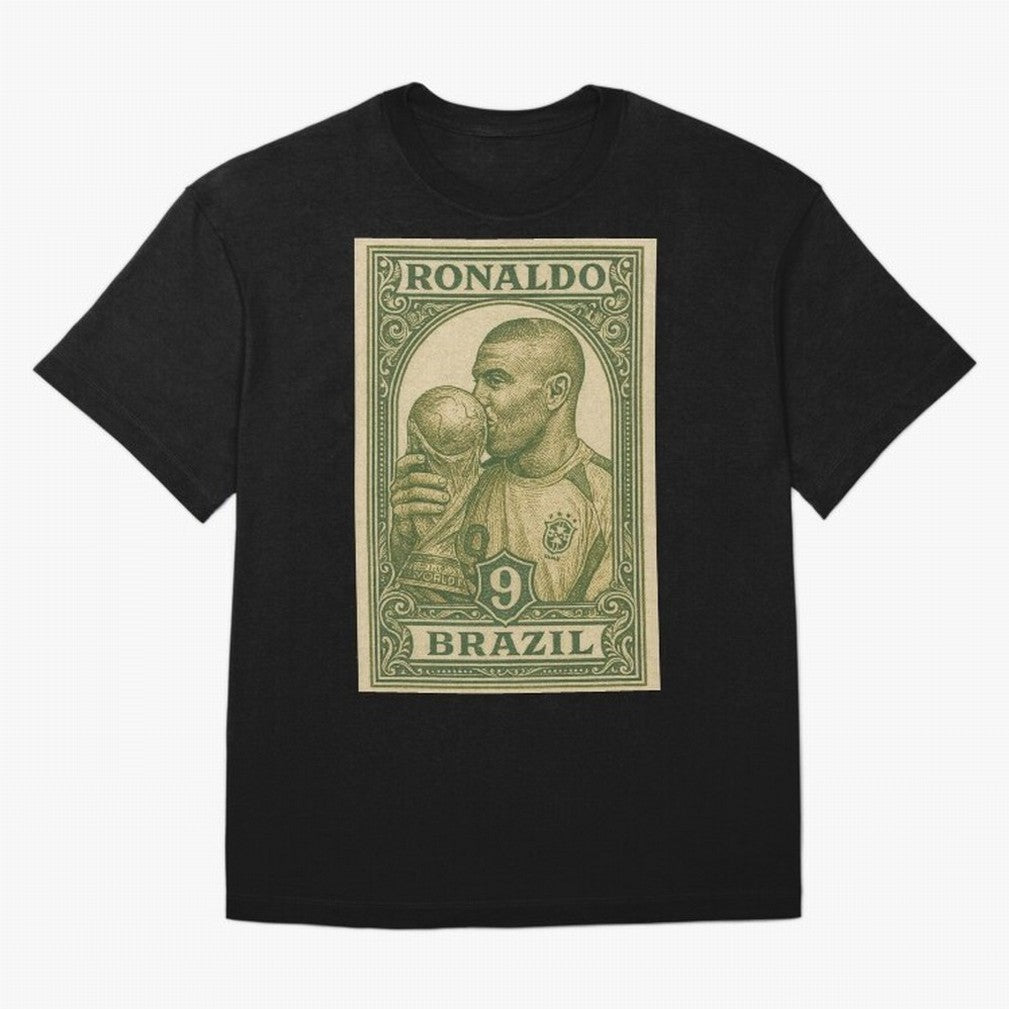 Vintage Brazilian Ronaldo Fenomeno R9 Football Legend Stamp Illustration ¨C Retro Soccer World Cup Art Print Oversized T-Shirt Celebrate National Team Dreams in Global Football Passion for FIFA World Cup 2026 Group Stage, Capturing CR7, Brazil,