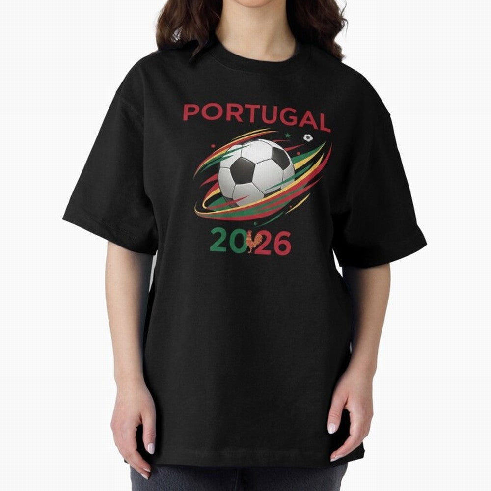 Camiseta Portugal 2026 - Bola de Futebol e Design Galo de Barcelos. Oversized T-Shirt Represent FIFA World Cup 2026 Group Stage Filled with Mbappe, Germany Energy, Match Day Excitement, Supporter Culture, Golden Goals and Global Football Passion;