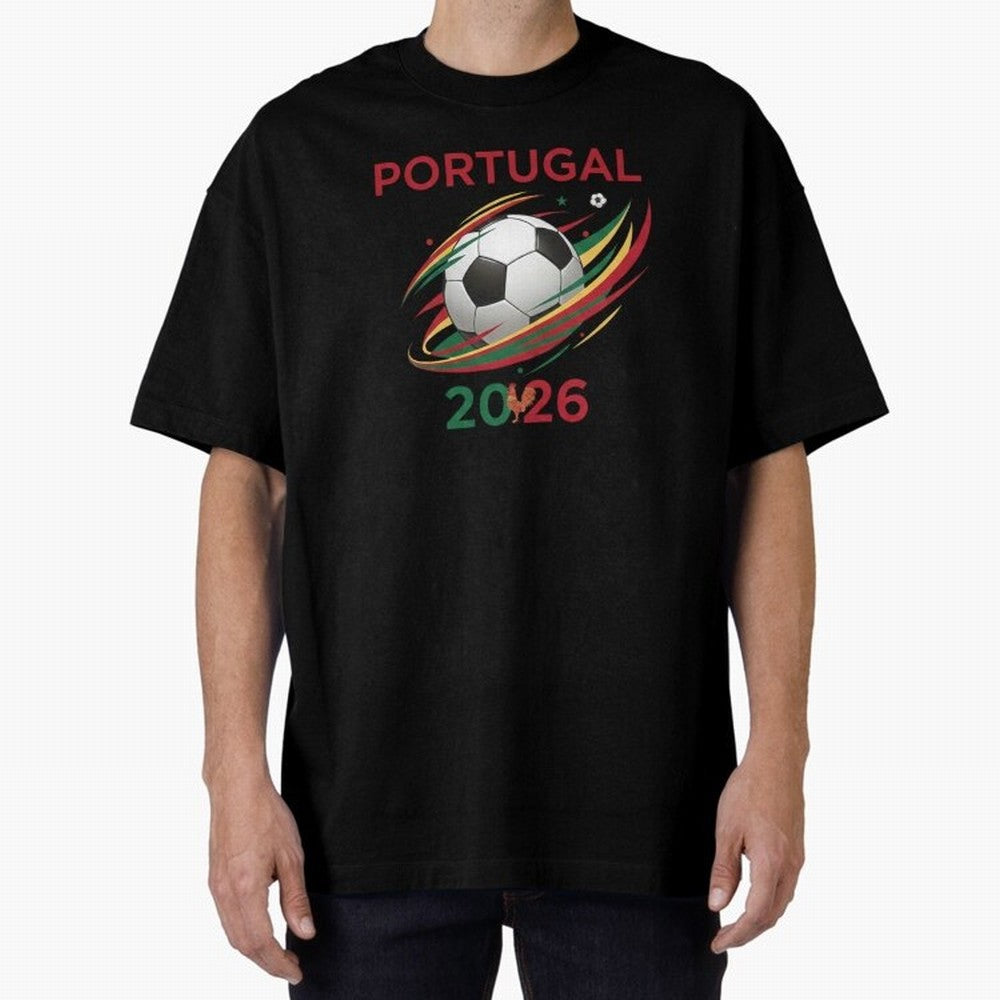 Camiseta Portugal 2026 - Bola de Futebol e Design Galo de Barcelos. Oversized T-Shirt Represent FIFA World Cup 2026 Group Stage Filled with Mbappe, Germany Energy, Match Day Excitement, Supporter Culture, Golden Goals and Global Football Passion;