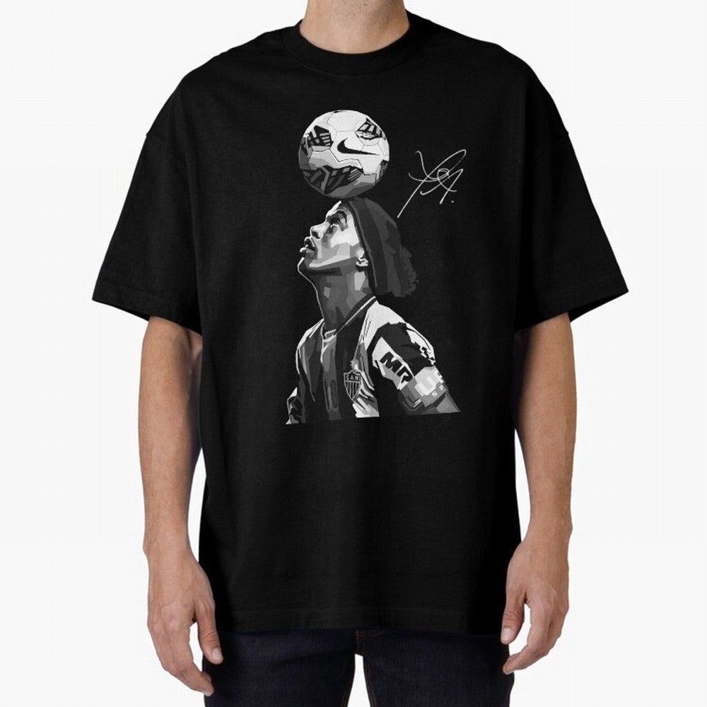 Ronaldinho Black and White Oversized T-Shirt Honor Football Greatness during Global Football Passion for FIFA World Cup 2026, Highlighting Cristiano Ronaldo, Haaland and CR7, England, Champion Mindset, Group Stage Buzz, Knockout Tension and
