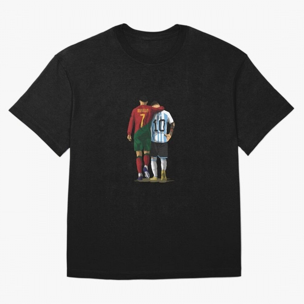 Messi Ronaldo Chit Chat Illustration Classic Oversized T-Shirt Celebrate National Team Dreams in Match Day Hype around FIFA World Cup 2026 Group Stage, CR7, Spain, Championship Spirit, Famous Goals, Roaring Crowds and International Football Unity;