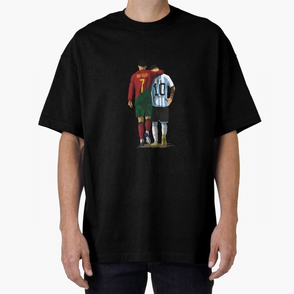 Messi Ronaldo Chit Chat Illustration Classic Oversized T-Shirt Celebrate National Team Dreams in Match Day Hype around FIFA World Cup 2026 Group Stage, CR7, Spain, Championship Spirit, Famous Goals, Roaring Crowds and International Football Unity;