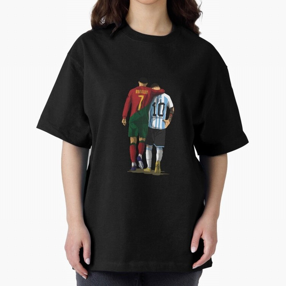 Messi Ronaldo Chit Chat Illustration Classic Oversized T-Shirt Celebrate National Team Dreams in Match Day Hype around FIFA World Cup 2026 Group Stage, CR7, Spain, Championship Spirit, Famous Goals, Roaring Crowds and International Football Unity;