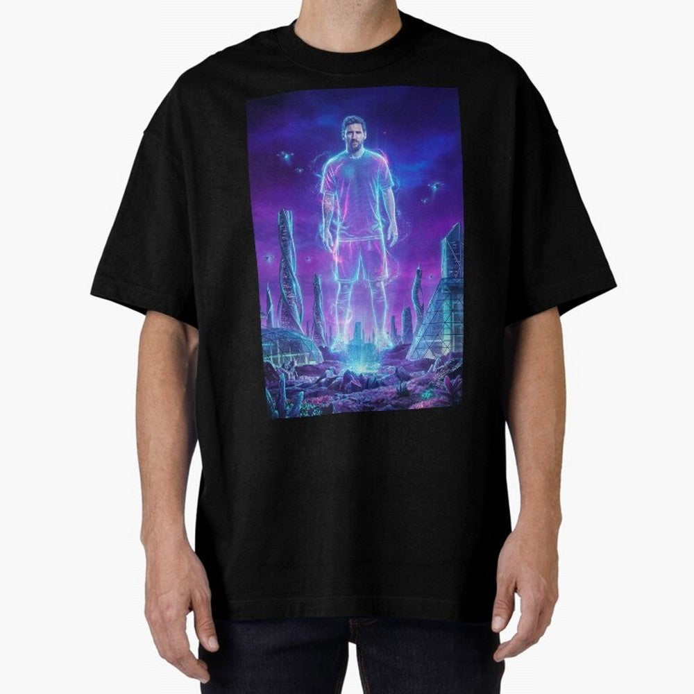 Lionel Messi (GOAT) Hologram in Futuristic Cyberpunk City (Version 5) Classic T-Shirt Support FIFA World Cup 2026 for Fans of Messi and Argentina and Brazil, Bringing Vintage Soccer Flavor, Modern Football Stars, National Flags and Final Night