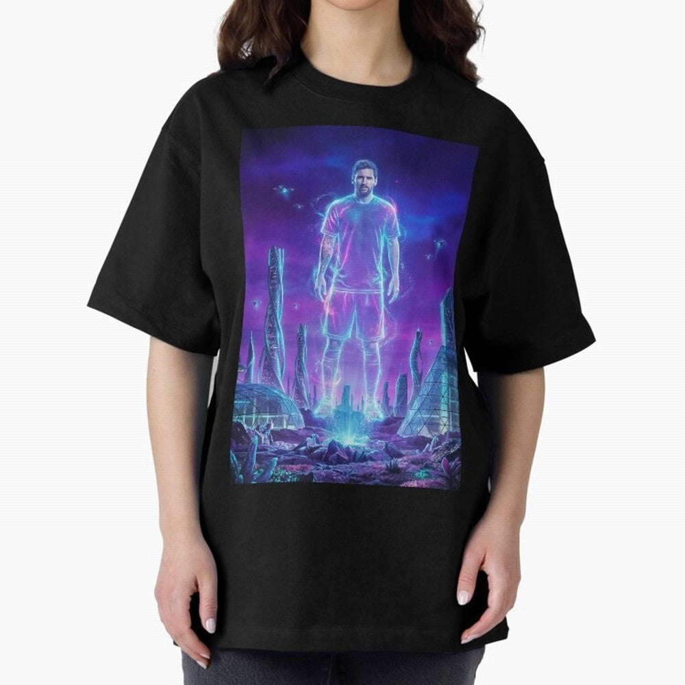 Lionel Messi (GOAT) Hologram in Futuristic Cyberpunk City (Version 5) Classic T-Shirt Support FIFA World Cup 2026 for Fans of Messi and Argentina and Brazil, Bringing Vintage Soccer Flavor, Modern Football Stars, National Flags and Final Night