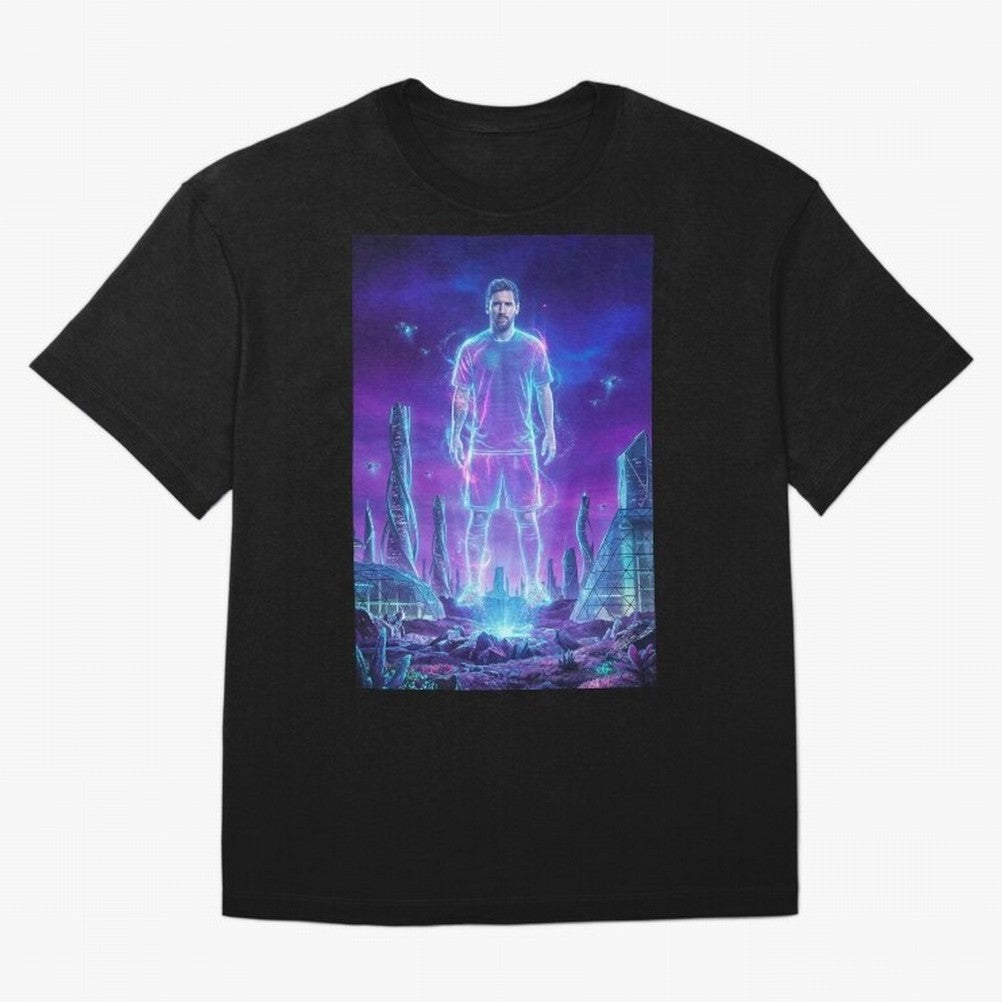 Lionel Messi (GOAT) Hologram in Futuristic Cyberpunk City (Version 5) Classic T-Shirt Support FIFA World Cup 2026 for Fans of Messi and Argentina and Brazil, Bringing Vintage Soccer Flavor, Modern Football Stars, National Flags and Final Night