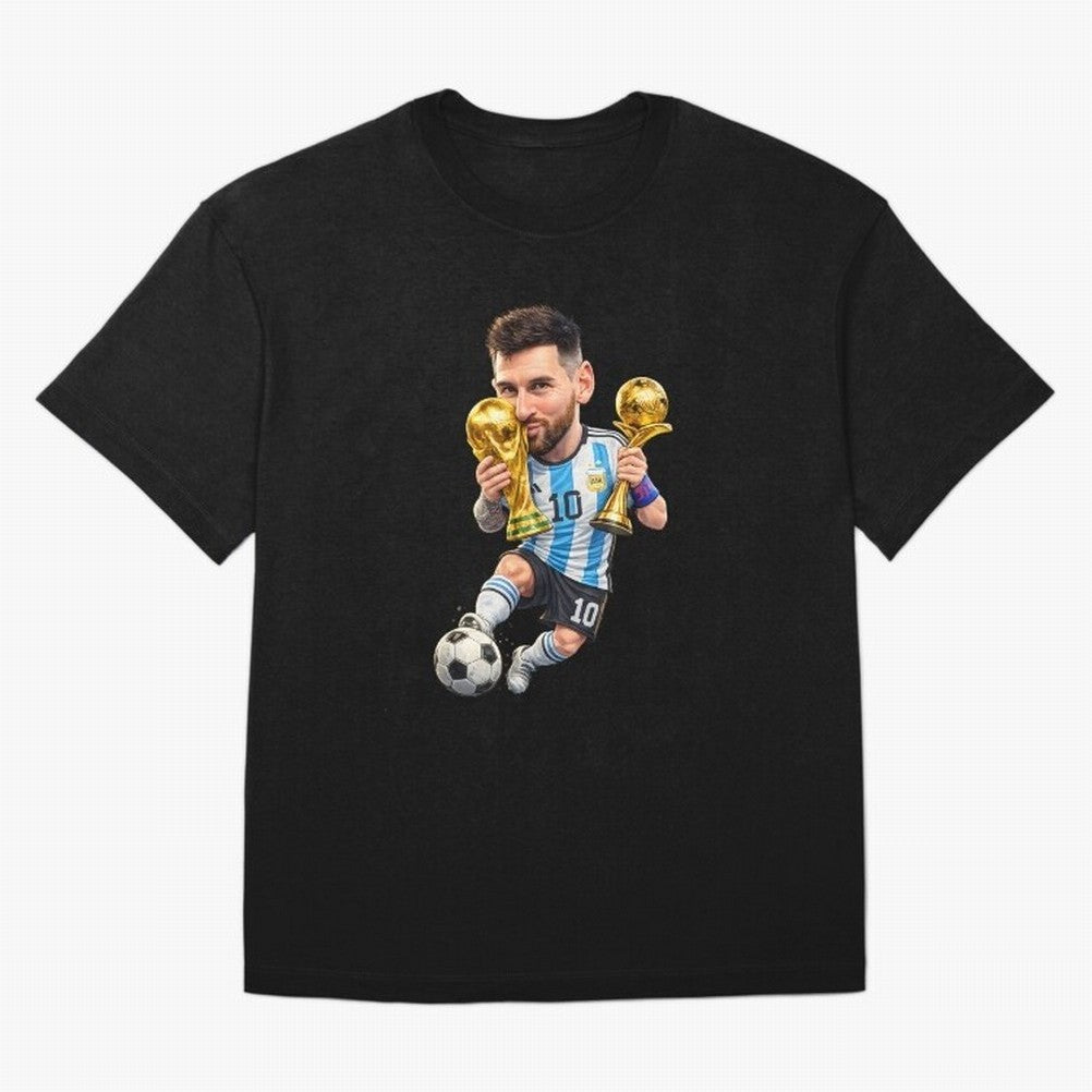 Lionel Messi ¨C Trophy King Caricature Oversized T-Shirt Build the FIFA World Cup 2026 USA Canada Mexico Journey through Messi, Neymar and Mbappe Highlights, England and Germany Pride, Game Day Rituals, Football Legends, Country Pride and the Road