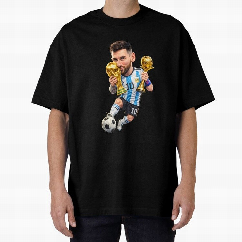 Lionel Messi ¨C Trophy King Caricature Oversized T-Shirt Build the FIFA World Cup 2026 USA Canada Mexico Journey through Messi, Neymar and Mbappe Highlights, England and Germany Pride, Game Day Rituals, Football Legends, Country Pride and the Road