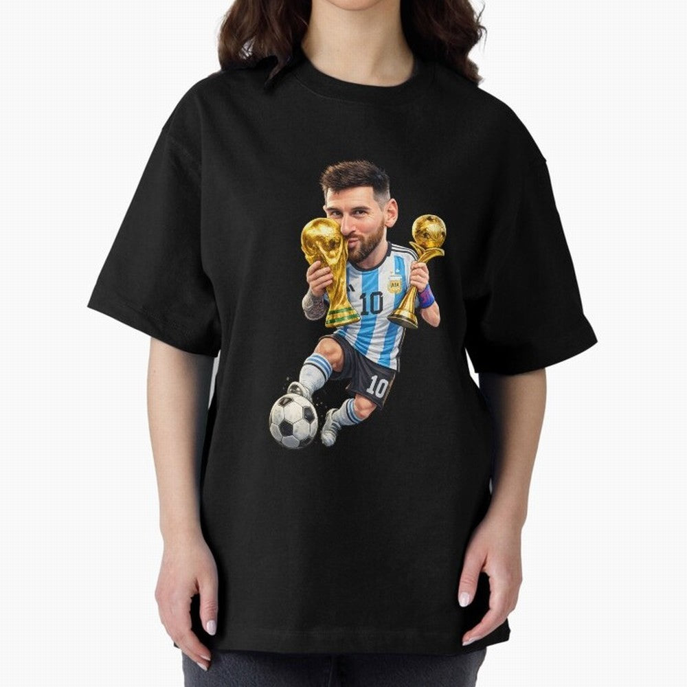 Lionel Messi ¨C Trophy King Caricature Oversized T-Shirt Build the FIFA World Cup 2026 USA Canada Mexico Journey through Messi, Neymar and Mbappe Highlights, England and Germany Pride, Game Day Rituals, Football Legends, Country Pride and the Road