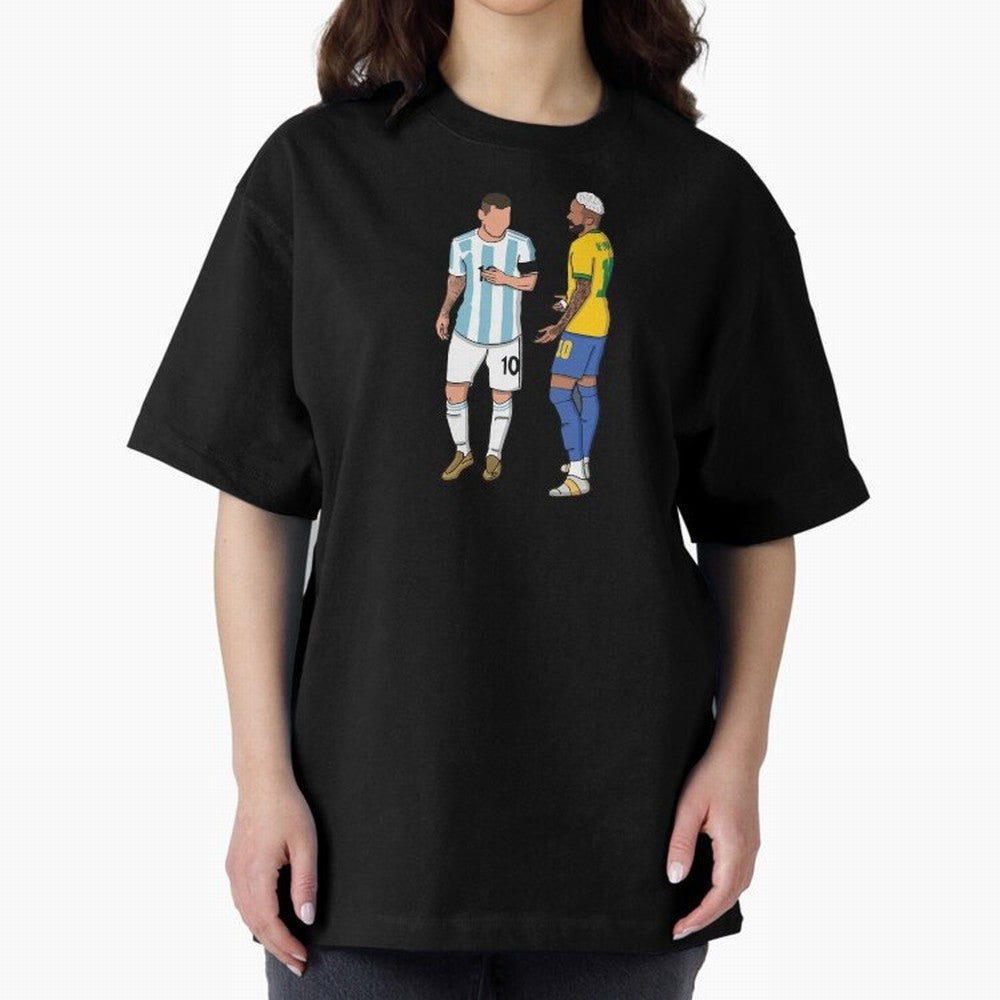 Messi and Neymar Chit Chat Illustration Oversized T-Shirt Show Your Love for FIFA World Cup 2026 Group Stage for Fans of Messi, CR7 and Mbappe and Brazil, Portugal and Argentina, Bringing Championship Spirit, Famous Goals, Roaring Crowds and