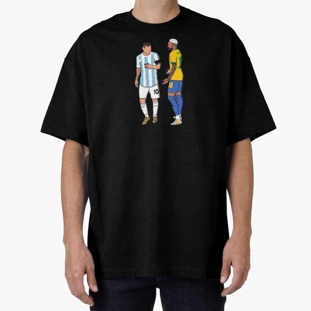 Messi and Neymar Chit Chat Illustration Oversized T-Shirt Show Your Love for FIFA World Cup 2026 Group Stage for Fans of Messi, CR7 and Mbappe and Brazil, Portugal and Argentina, Bringing Championship Spirit, Famous Goals, Roaring Crowds and