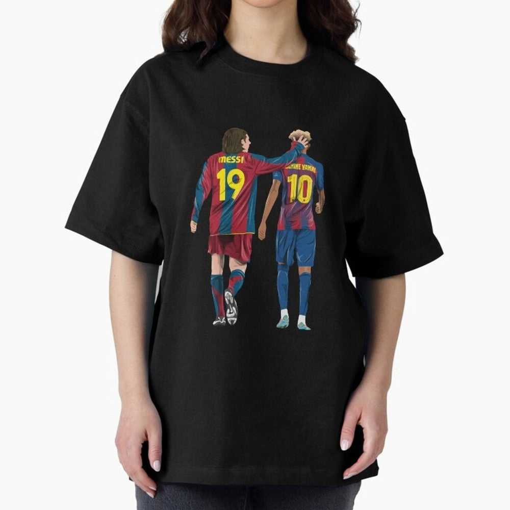 Lionel Messi and Friend Oversized T-Shirt Cheer through Every Moment of FIFA World Cup 2026 USA Canada Mexico Spirit, Highlighting Portugal, Mbappe, Retro Football Energy, Iconic Rivalries, Trophy Chase Drama and Stadium Atmosphere; Made for
