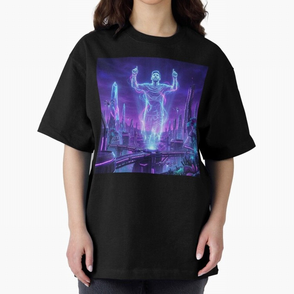 Lionel Messi (GOAT) Hologram in Futuristic Cyberpunk City (Version 2) Classic T-Shirt Show Your Stadium Side during Global Football Passion for FIFA World Cup 2026 USA Canada Mexico, Inspired by Mbappe and Neymar, Portugal, Goal Celebration Energy,