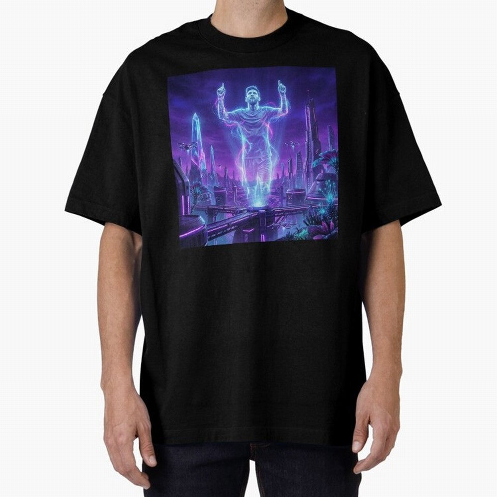 Lionel Messi (GOAT) Hologram in Futuristic Cyberpunk City (Version 2) Classic T-Shirt Show Your Stadium Side during Global Football Passion for FIFA World Cup 2026 USA Canada Mexico, Inspired by Mbappe and Neymar, Portugal, Goal Celebration Energy,