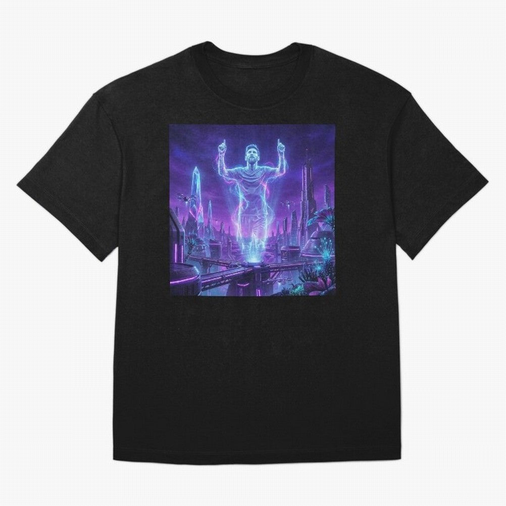 Lionel Messi (GOAT) Hologram in Futuristic Cyberpunk City (Version 2) Classic T-Shirt Show Your Stadium Side during Global Football Passion for FIFA World Cup 2026 USA Canada Mexico, Inspired by Mbappe and Neymar, Portugal, Goal Celebration Energy,