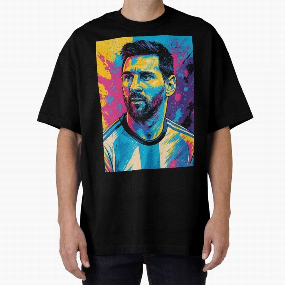 Messi Pop Art Portrait Oversized T-Shirt Feel the FIFA World Cup 2026 USA Canada Mexico Journey through Messi, CR7 and Mbappe Highlights, Portugal, Spain and Germany Pride, Soccer Culture, Superstar Moments, National Team Dreams and Competitive