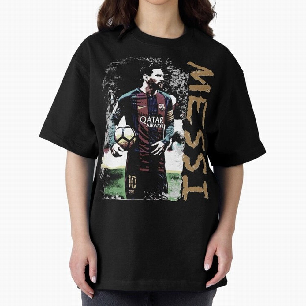 Messi Pop Art Portrait Oversized T-Shirt Honor the Beautiful Game during Global Football Passion for FIFA World Cup 2026 USA Canada Mexico, Centered on Haaland and Mbappe, Argentina and Brazil, Football Festival Excitement, Trophy Ambitions,