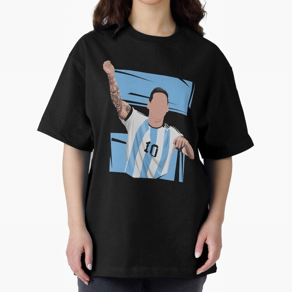 Messi Singing with Crowd World Cup 2022 Oversized T-Shirt Represent the Passion of Global Football Passion for FIFA World Cup 2026, with Messi, CR7 and Mbappe, Brazil, Vintage Soccer Flavor, Modern Football Stars, National Flags and Final Night