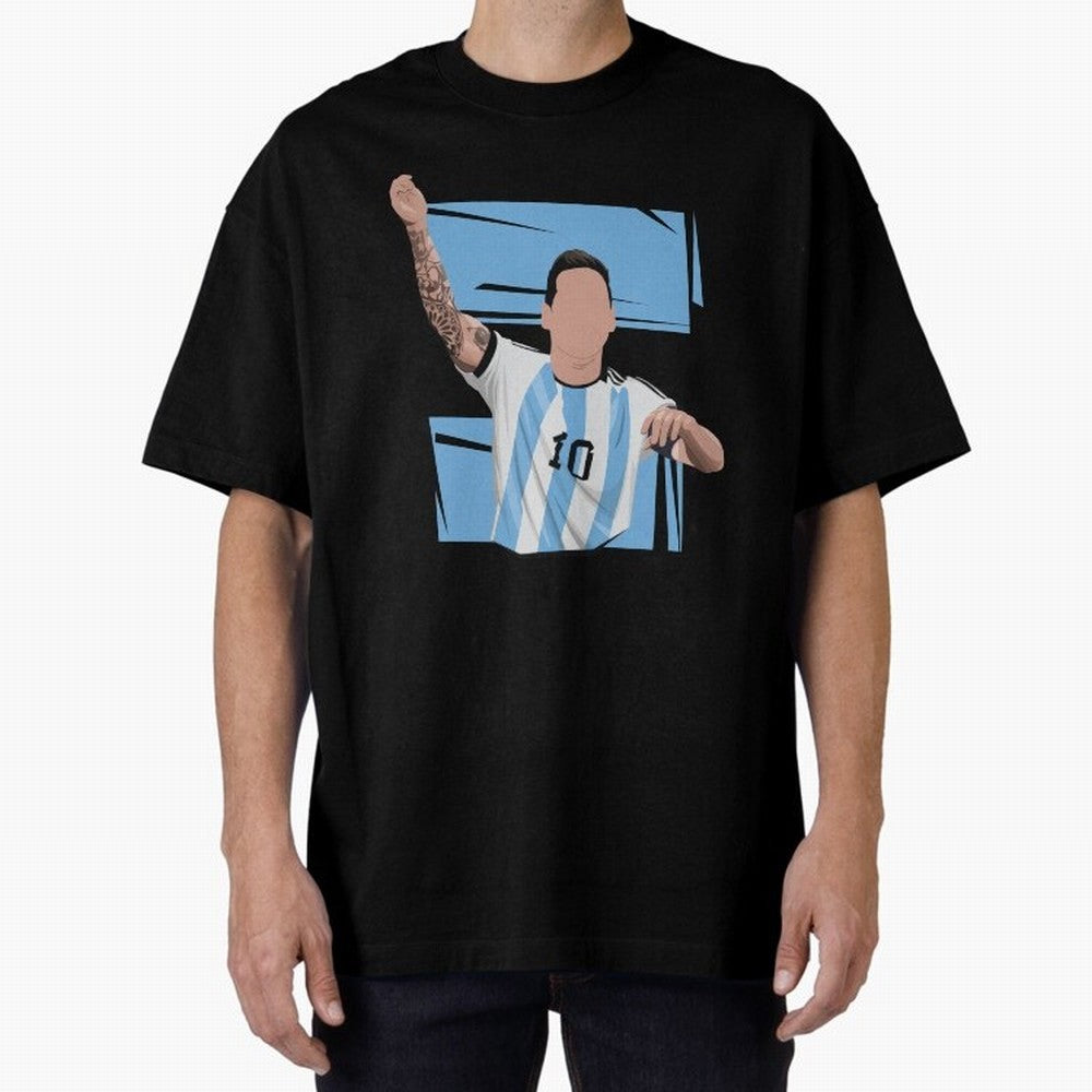 Messi Singing with Crowd World Cup 2022 Oversized T-Shirt Represent the Passion of Global Football Passion for FIFA World Cup 2026, with Messi, CR7 and Mbappe, Brazil, Vintage Soccer Flavor, Modern Football Stars, National Flags and Final Night