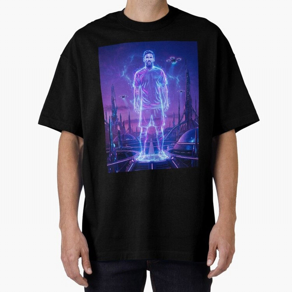 Lionel Messi (GOAT) Hologram in Futuristic Cyberpunk City (Version 4) Classic T-Shirt Relive the Noise and Pride of the FIFA World Cup 2026 Journey through Cristiano Ronaldo, Haaland and CR7 Highlights, France and Portugal Pride, Goal Celebration
