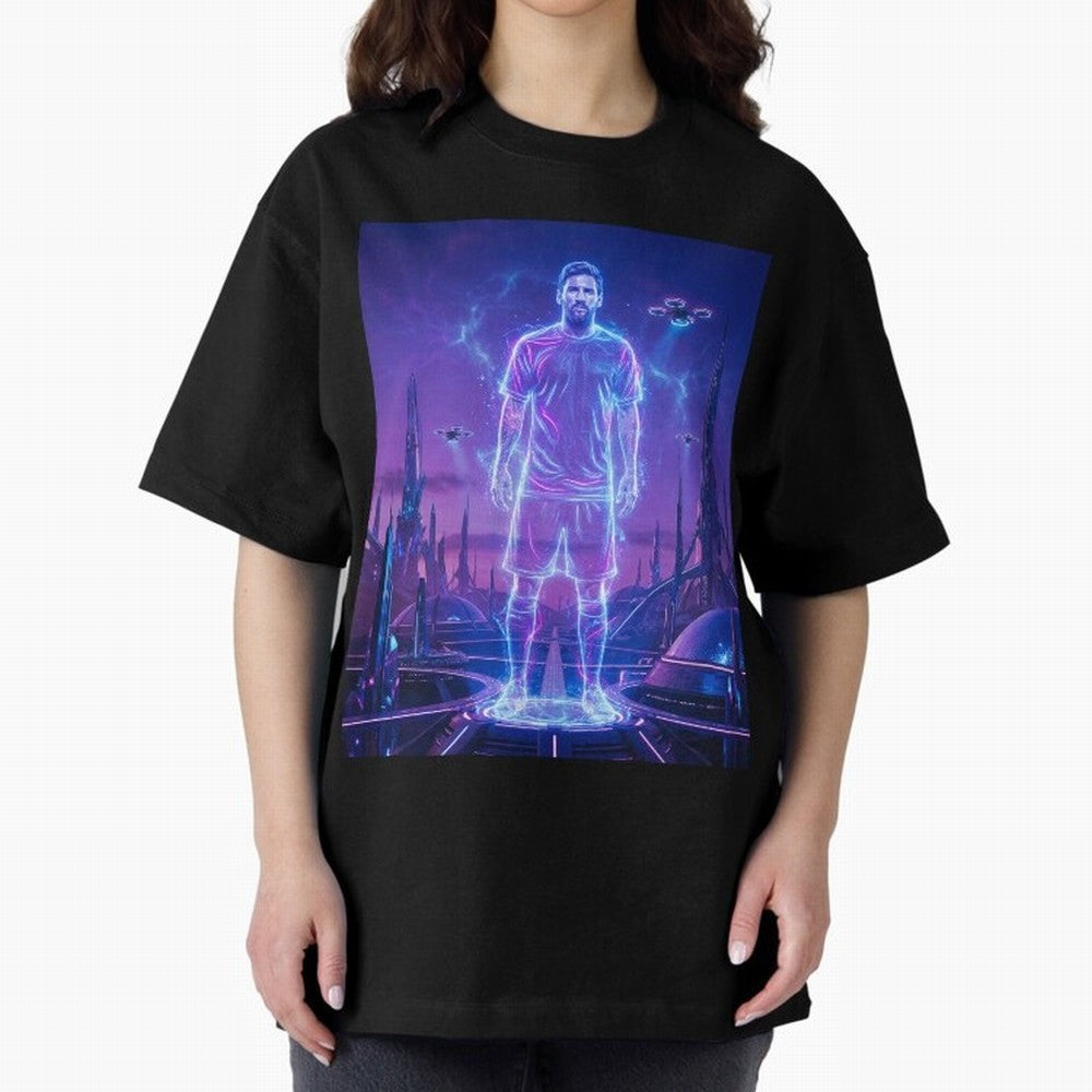 Lionel Messi (GOAT) Hologram in Futuristic Cyberpunk City (Version 4) Classic T-Shirt Relive the Noise and Pride of the FIFA World Cup 2026 Journey through Cristiano Ronaldo, Haaland and CR7 Highlights, France and Portugal Pride, Goal Celebration