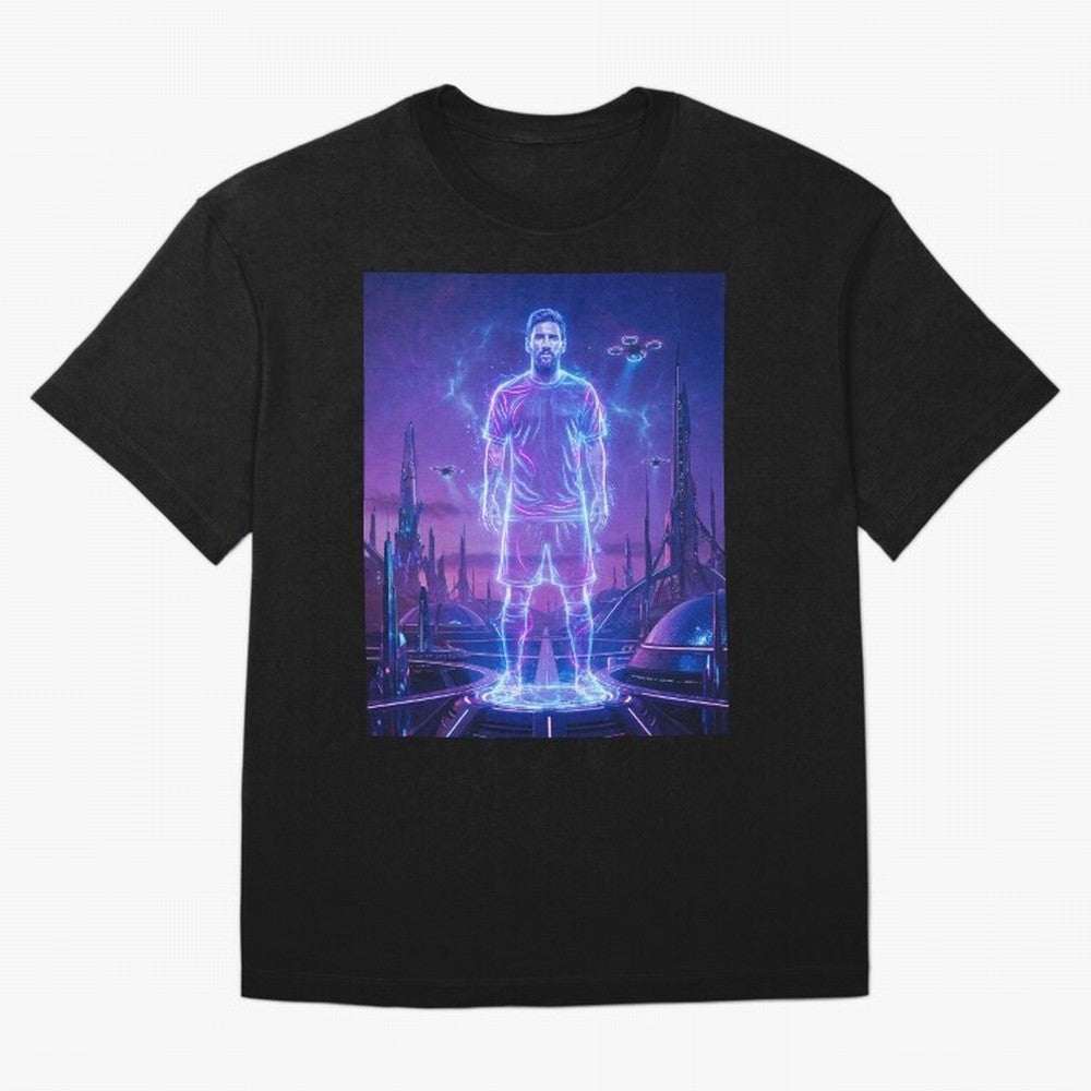 Lionel Messi (GOAT) Hologram in Futuristic Cyberpunk City (Version 4) Classic T-Shirt Relive the Noise and Pride of the FIFA World Cup 2026 Journey through Cristiano Ronaldo, Haaland and CR7 Highlights, France and Portugal Pride, Goal Celebration
