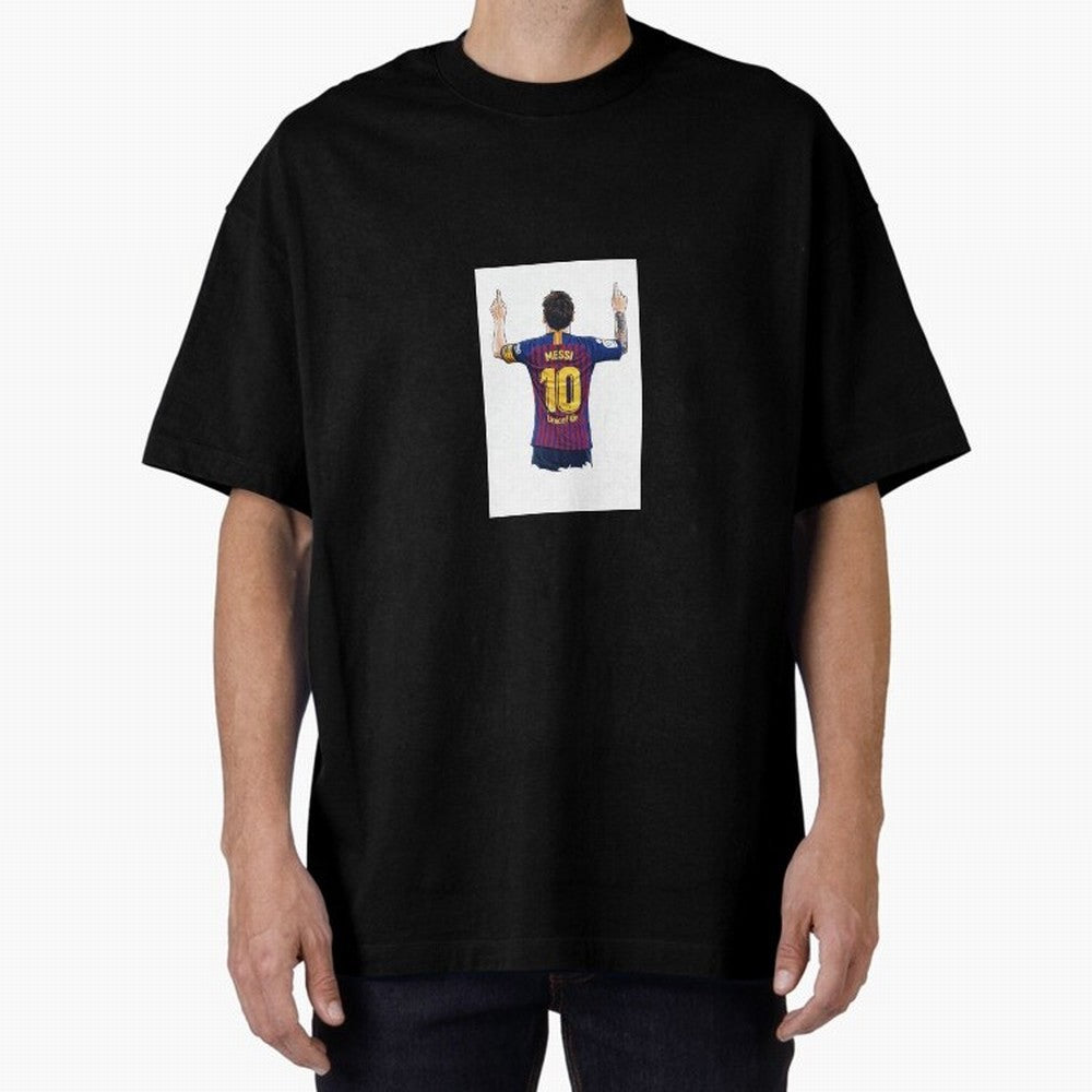 Lionel Messi Celebration Outline Barcelona FC Oversized T-Shirt Celebrate Fan Culture around FIFA World Cup 2026 Group Stage for Fans of Cristiano Ronaldo and Argentina and Brazil, Bringing Soccer Culture, Superstar Moments, National Team Dreams