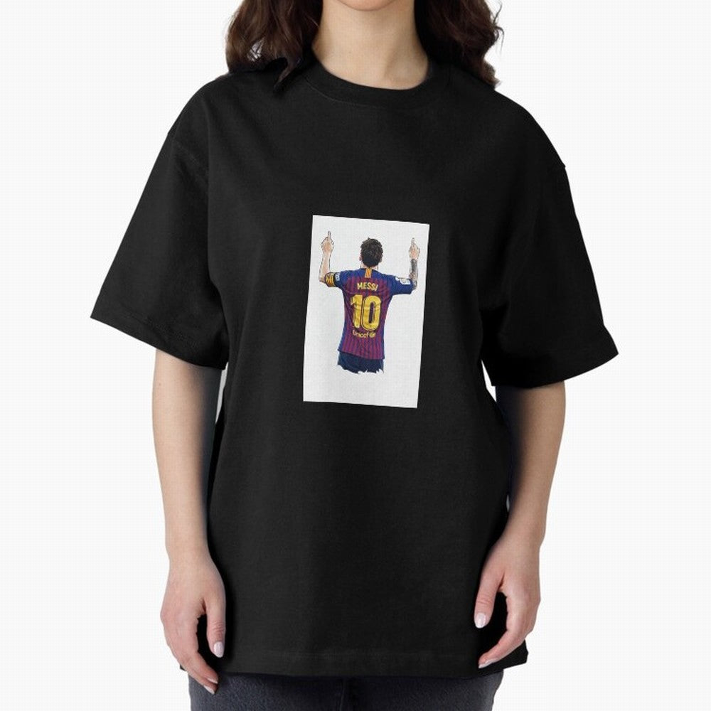 Lionel Messi Celebration Outline Barcelona FC Oversized T-Shirt Celebrate Fan Culture around FIFA World Cup 2026 Group Stage for Fans of Cristiano Ronaldo and Argentina and Brazil, Bringing Soccer Culture, Superstar Moments, National Team Dreams