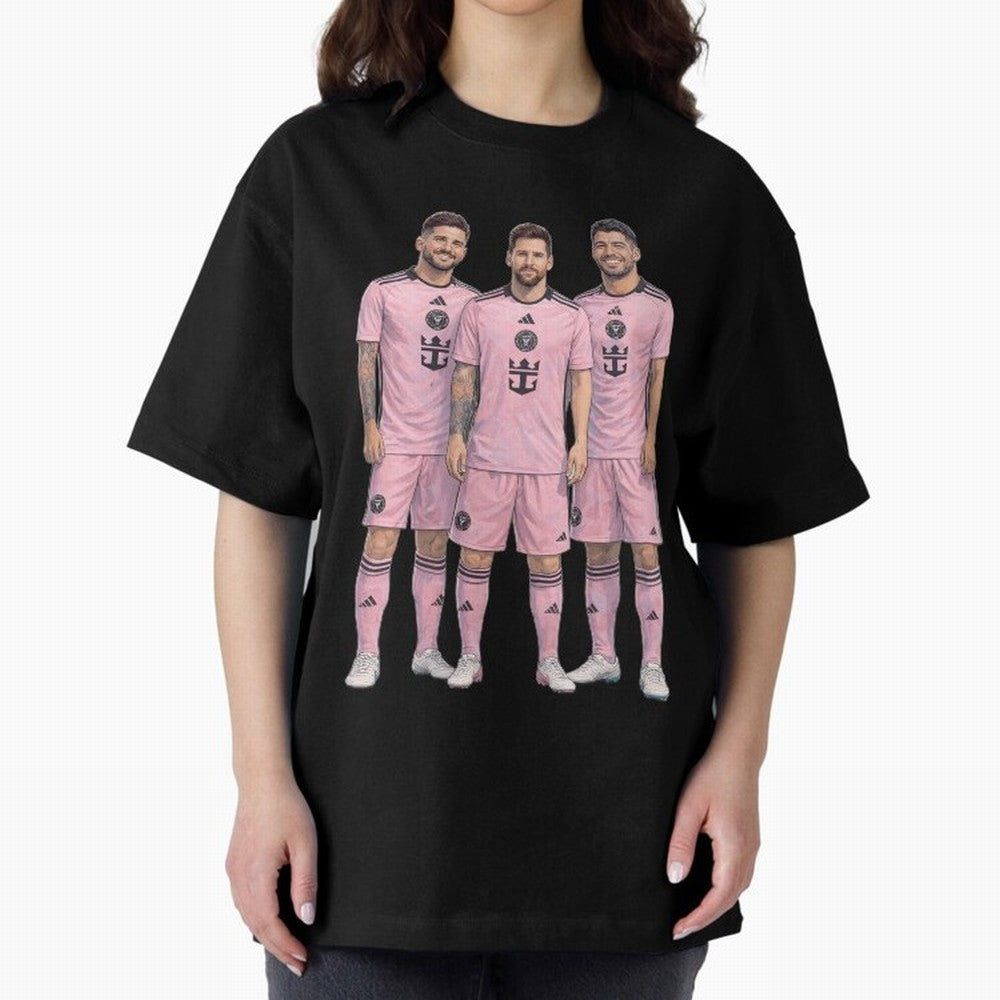 Messi, De Paul and Suarez Inter Miami artistic style ¨C MLS Soccer Oversized T-Shirt Show Your Love for FIFA World Cup 2026 Group Stage Spirit, Connected to Netherlands, Neymar, Haaland and Cristiano Ronaldo, Football Passion, Legendary