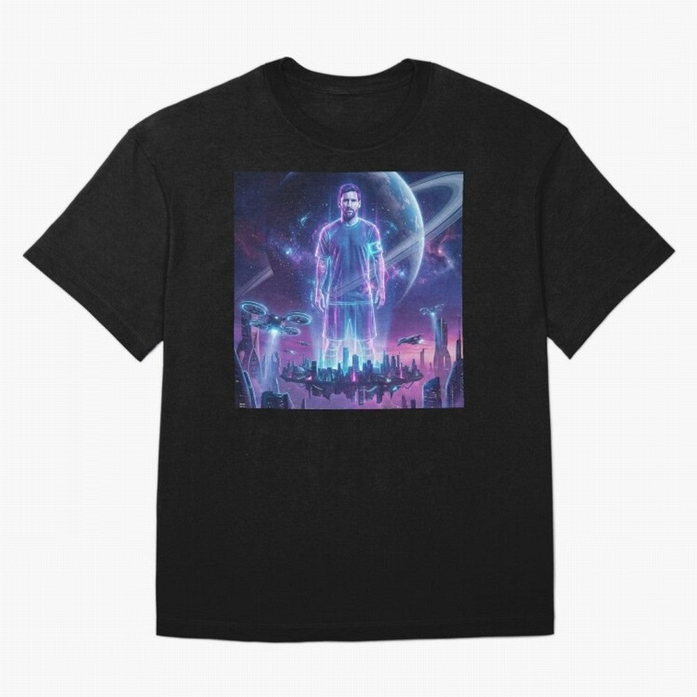 Lionel Messi (GOAT) Hologram in Futuristic Cyberpunk City (Version 3) Classic T-Shirt Follow the Final Road of Match Day Hype around FIFA World Cup 2026 Group Stage, CR7, Argentina and Brazil, Supporter Pride, Iconic Celebrations, Legendary Names