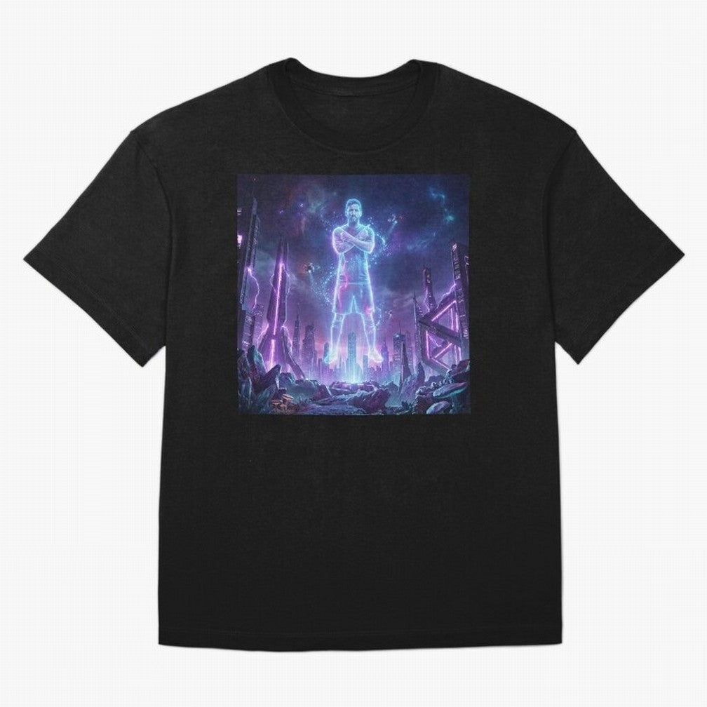 Lionel Messi (GOAT) Hologram in Futuristic Cyberpunk City Classic T-Shirt Step into FIFA World Cup 2026 USA Canada Mexico for Fans of Mbappe and England, Bringing Goal Celebration Energy, Supporter Heritage, Football Icons and Worldwide Tournament