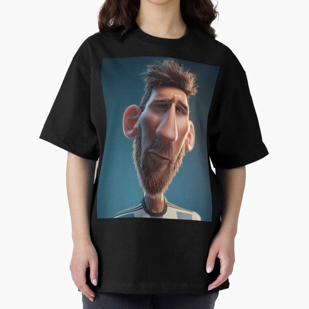Lionel Messi Funny Soccer Cartoon Football Star Oversized T-Shirt Represent the Passion of Match Day Hype around FIFA World Cup 2026 Group Stage, Messi and Cristiano Ronaldo, France and Portugal, Vintage Soccer Flavor, Modern Football Stars,