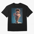 Lionel Messi Funny Soccer Cartoon Football Star Oversized T-Shirt Represent the Passion of Match Day Hype around FIFA World Cup 2026 Group Stage, Messi and Cristiano Ronaldo, France and Portugal, Vintage Soccer Flavor, Modern Football Stars,