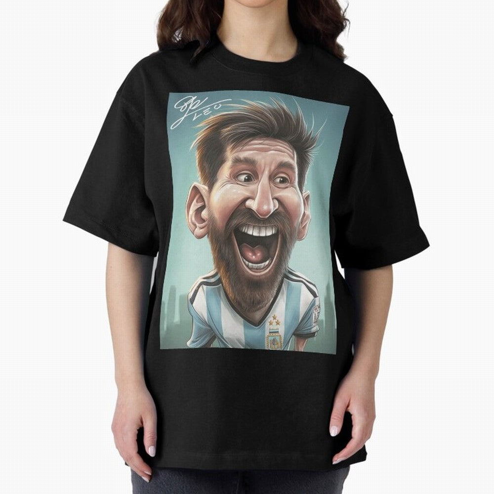 Lionel Messi Caricature Art with Autograph Oversized T-Shirt Represent Football Lovers during FIFA World Cup 2026 Group Stage for Fans of Mbappe and Neymar and Brazil, Bringing Vintage Soccer Flavor, Modern Football Stars, National Flags and Final