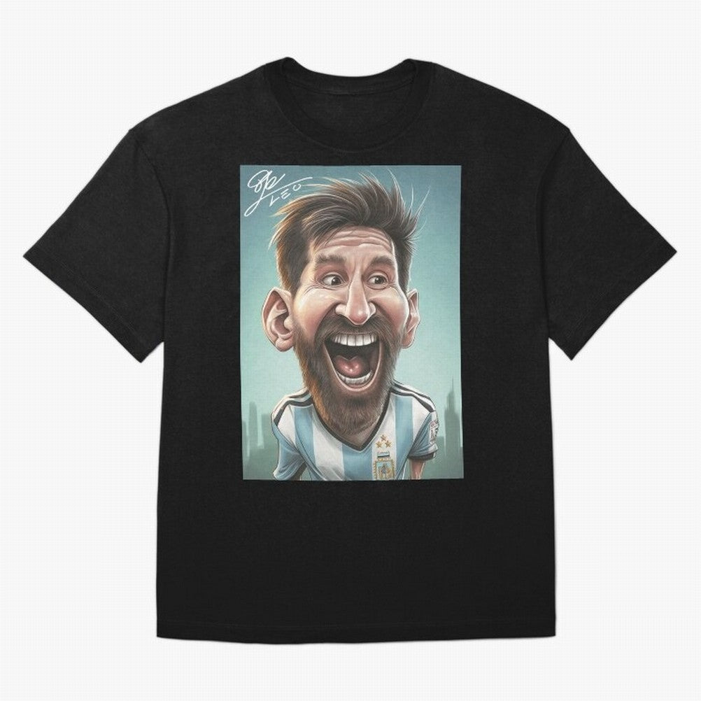 Lionel Messi Caricature Art with Autograph Oversized T-Shirt Represent Football Lovers during FIFA World Cup 2026 Group Stage for Fans of Mbappe and Neymar and Brazil, Bringing Vintage Soccer Flavor, Modern Football Stars, National Flags and Final