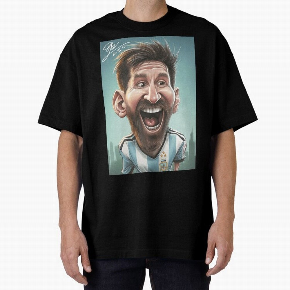 Lionel Messi Caricature Art with Autograph Oversized T-Shirt Represent Football Lovers during FIFA World Cup 2026 Group Stage for Fans of Mbappe and Neymar and Brazil, Bringing Vintage Soccer Flavor, Modern Football Stars, National Flags and Final